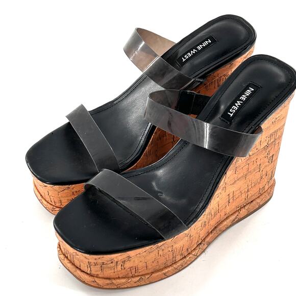 Nine West Rapps Platform Wedge Sandal 8.5 NWOT Black Cork Travel Beach Resort - Picture 5 of 6